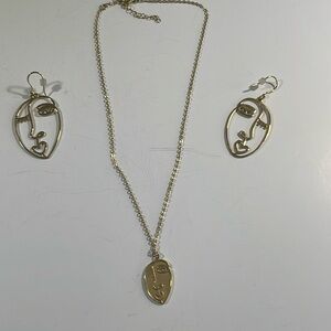 Gold Tone Picasso Inspired Necklace and Earrings